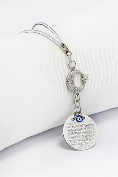 Parlak Taşlı Ay Yıldızlı Metal Nazarlı Ayetel Kürsi Araba Dikiz Ayna Süsü, Gümüş Renkli