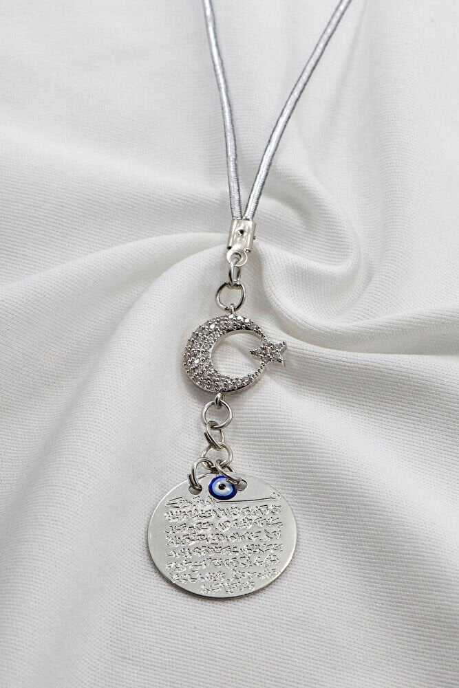 Shiny Stone Crescent Star Metal Evil Eye Ayetel Kursi Car Rearview Mirror Ornament, Silver Color