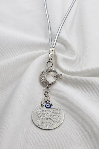 Parlak Taşlı Ay Yıldızlı Metal Nazarlı Ayetel Kürsi Araba Dikiz Ayna Süsü, Gümüş Renkli