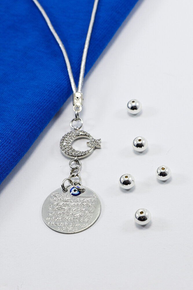 Shiny Stone Crescent Star Metal Evil Eye Ayetel Kursi Car Rearview Mirror Ornament, Silver Color