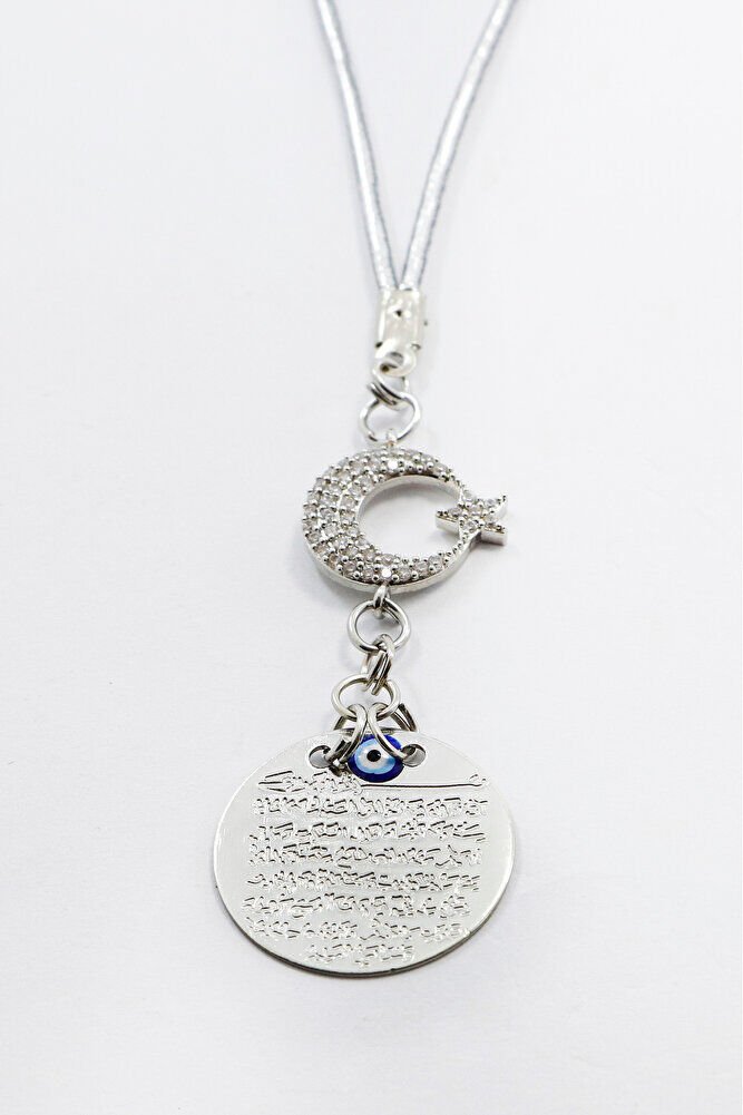 Shiny Stone Crescent Star Metal Evil Eye Ayetel Kursi Car Rearview Mirror Ornament, Silver Color