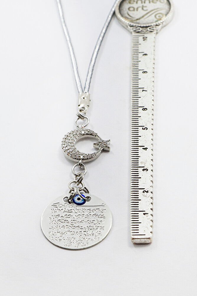 Shiny Stone Crescent Star Metal Evil Eye Ayetel Kursi Car Rearview Mirror Ornament, Silver Color