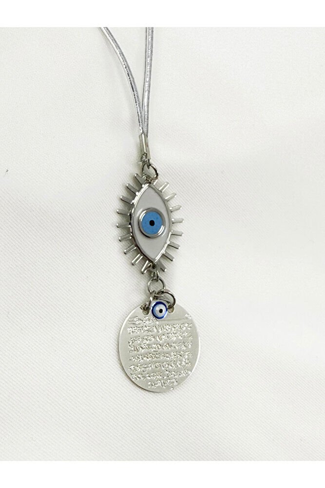 White Evil Eye Figured Metal Ayetel Kursi Car Rearview Mirror Ornament, Silver Color