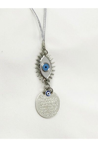 Beyaz Nazarlı Göz Figürlü Metal Ayetel Kürsi Araba Dikiz Ayna Süsü, Gümüş Renkli