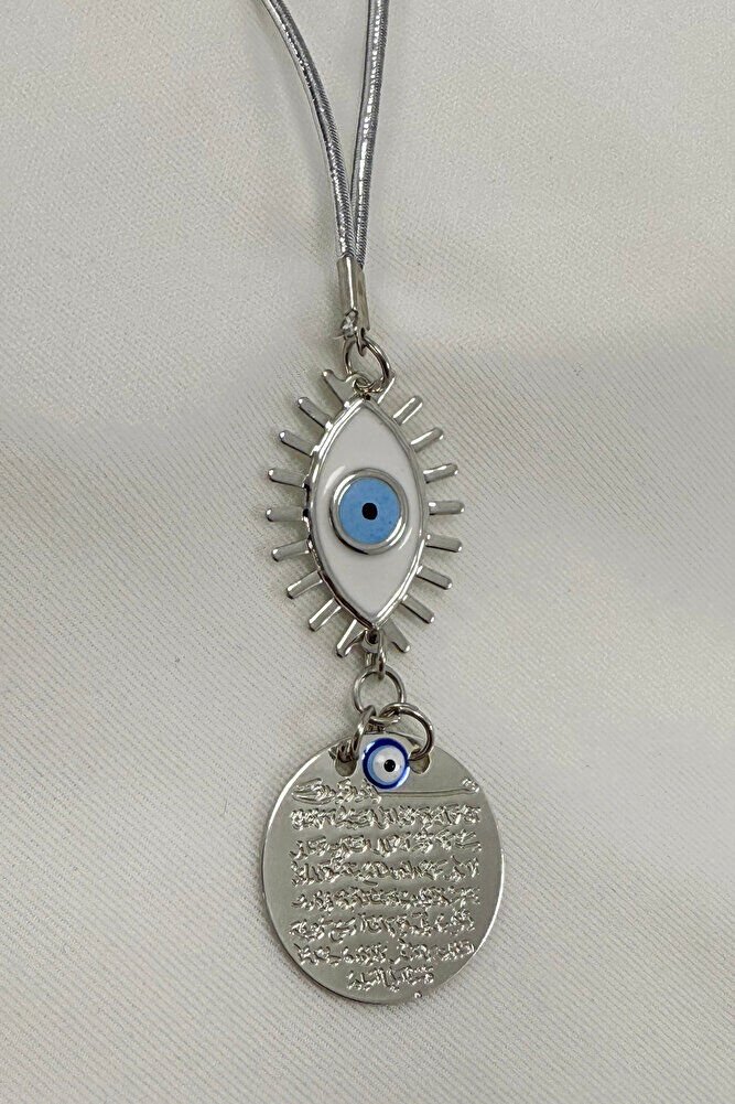 White Evil Eye Figured Metal Ayetel Kursi Car Rearview Mirror Ornament, Silver Color