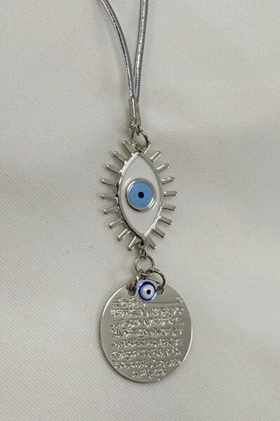 Beyaz Nazarlı Göz Figürlü Metal Ayetel Kürsi Araba Dikiz Ayna Süsü, Gümüş Renkli