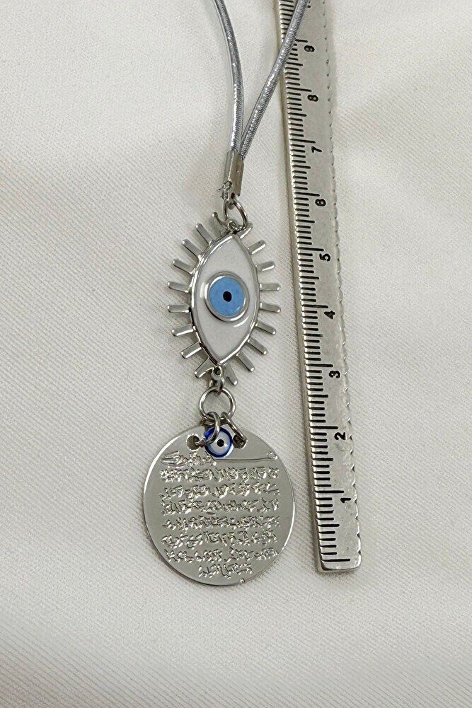 White Evil Eye Figured Metal Ayetel Kursi Car Rearview Mirror Ornament, Silver Color