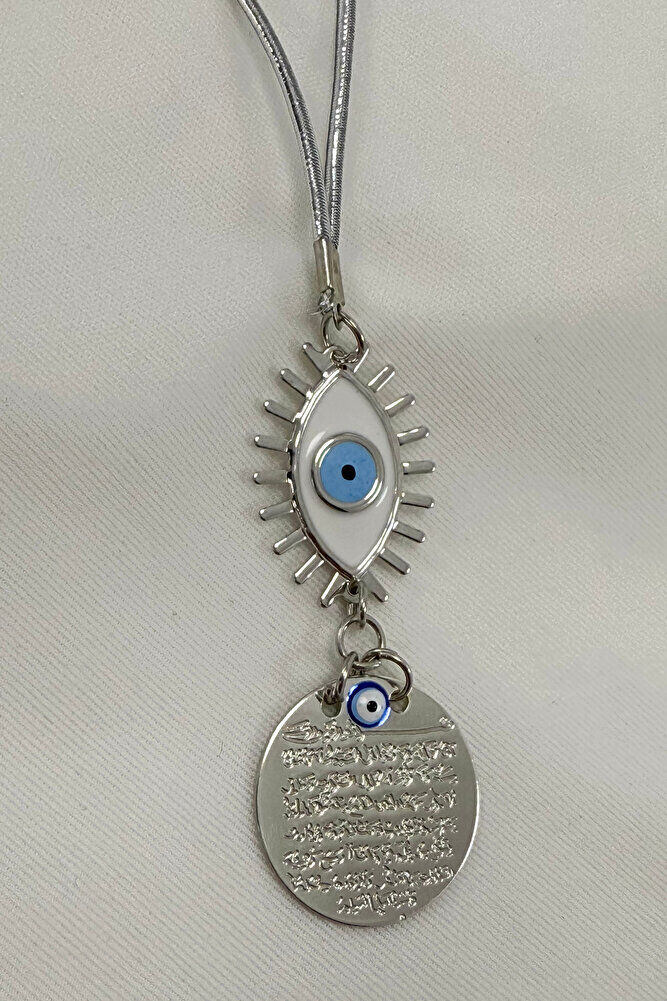 White Evil Eye Figured Metal Ayetel Kursi Car Rearview Mirror Ornament, Silver Color