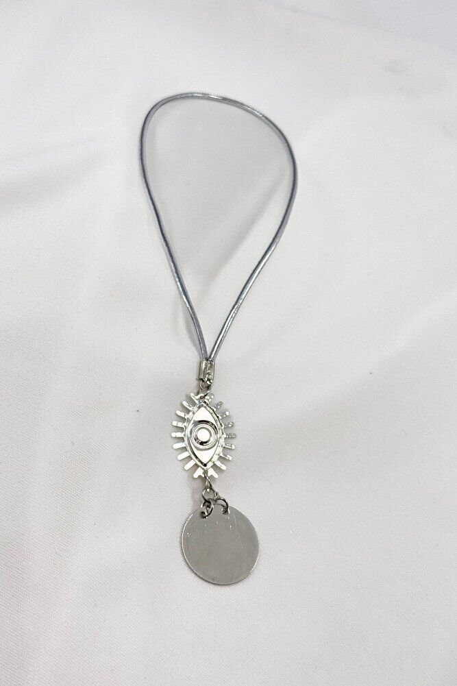 White Evil Eye Figured Metal Ayetel Kursi Car Rearview Mirror Ornament, Silver Color