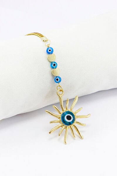 Turkuaz El Yapımı Cam Nazar Boncuklu Metal Güneş Araba Dikiz Ayna Süsü, Elastik İpli