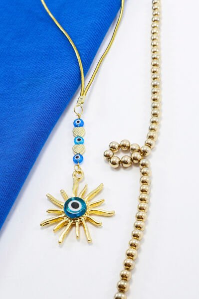 Turkuaz El Yapımı Cam Nazar Boncuklu Metal Güneş Araba Dikiz Ayna Süsü, Elastik İpli