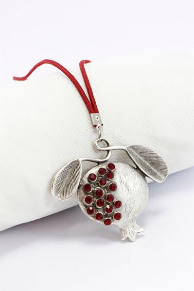 Koyu Kırmızı Parlak Taşlı Yapraklı Metal Nar Araba Dikiz Ayna Süsü, Elastik Kırmızı İpli