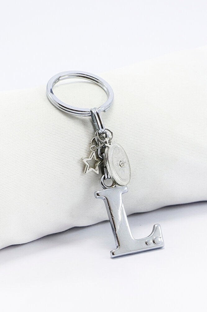 Gümüş Renk Gözlü Metal L Harfi Anahtarlık, Metal Yıldızlı Küçük Çanta Süsü