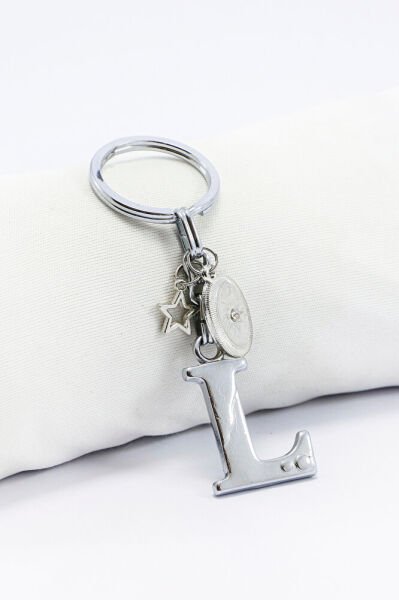 Gümüş Renk Gözlü Metal L Harfi Anahtarlık, Metal Yıldızlı Küçük Çanta Süsü
