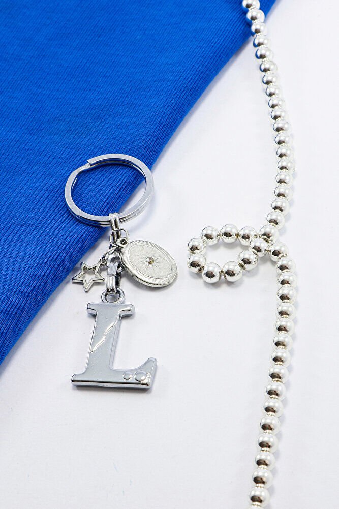 Gümüş Renk Gözlü Metal L Harfi Anahtarlık, Metal Yıldızlı Küçük Çanta Süsü