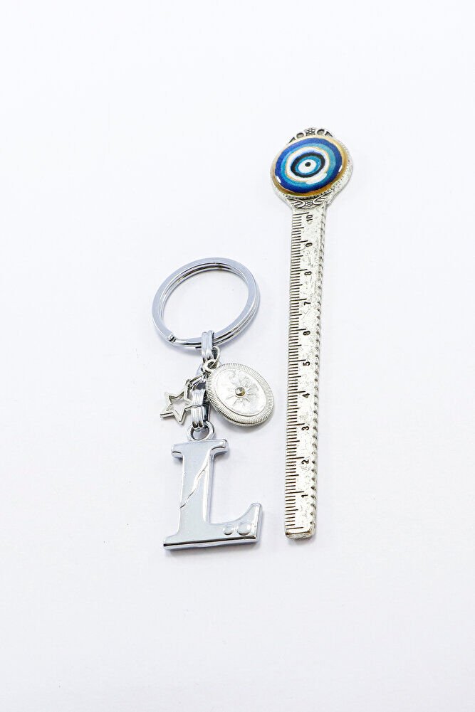 Gümüş Renk Gözlü Metal L Harfi Anahtarlık, Metal Yıldızlı Küçük Çanta Süsü