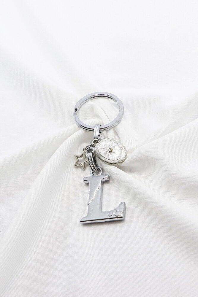 Gümüş Renk Gözlü Metal L Harfi Anahtarlık, Metal Yıldızlı Küçük Çanta Süsü