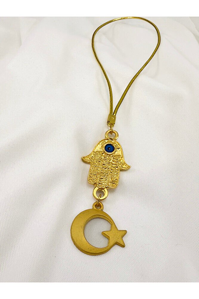 Altın Kaplama Hamse Ay Yıldız Gold Renkli Araba Dikiz Ayna Süsü, Lüks Yeni Araba Hediyesi