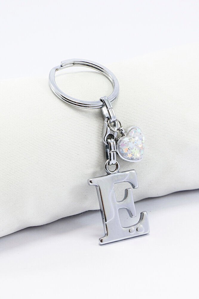 Gümüş Renkli Metal E Harfi Anahtarlık, Parlak Yıldızlı Metal Kalp