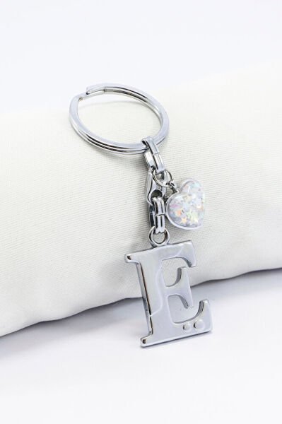 Gümüş Renkli Metal E Harfi Anahtarlık, Parlak Yıldızlı Metal Kalp