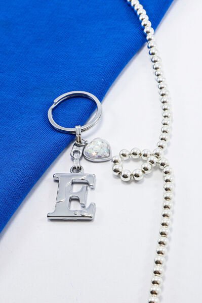 Gümüş Renkli Metal E Harfi Anahtarlık, Parlak Yıldızlı Metal Kalp