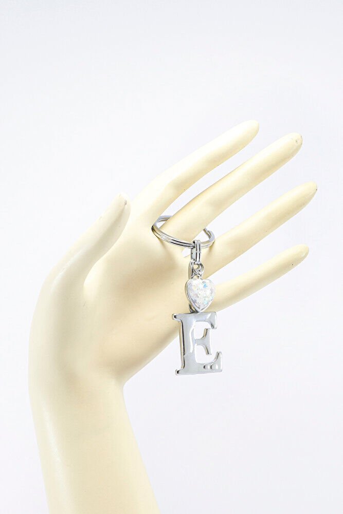 Gümüş Renkli Metal E Harfi Anahtarlık, Parlak Yıldızlı Metal Kalp