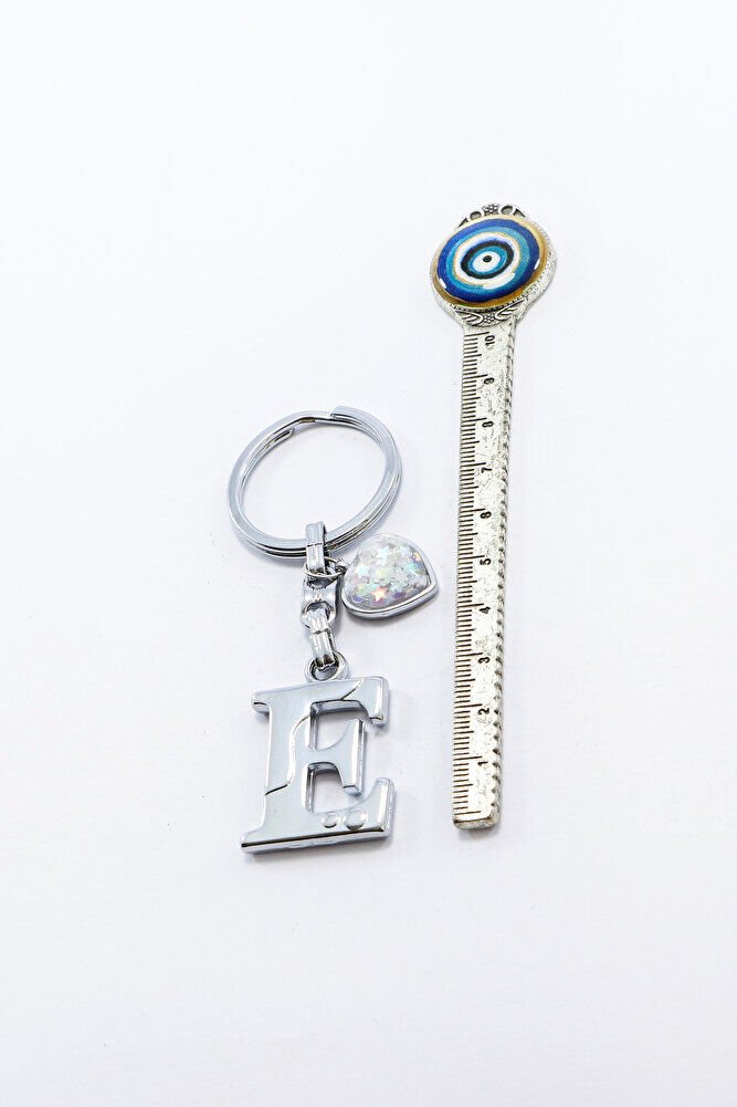 Gümüş Renkli Metal E Harfi Anahtarlık, Parlak Yıldızlı Metal Kalp