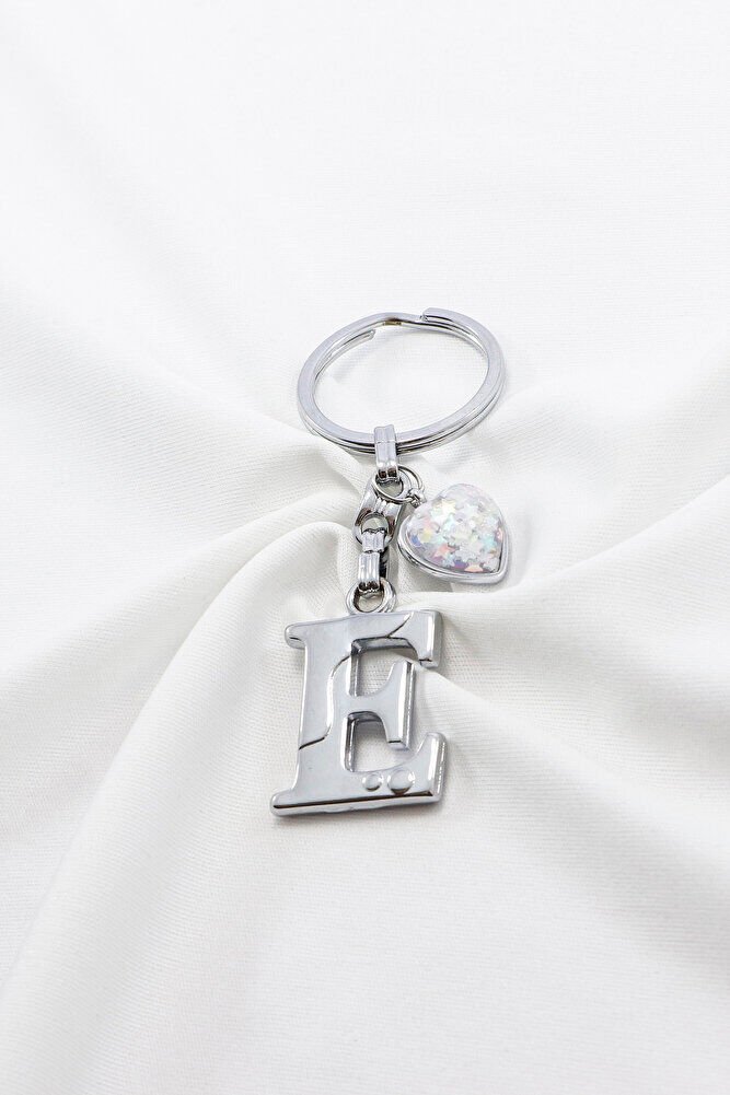 Gümüş Renkli Metal E Harfi Anahtarlık, Parlak Yıldızlı Metal Kalp