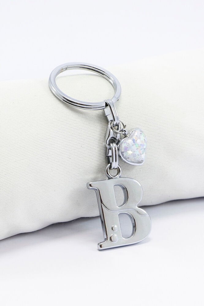Gümüş Renkli Metal B Harfi Anahtarlık, Parlak Yıldızlı Metal Kalp
