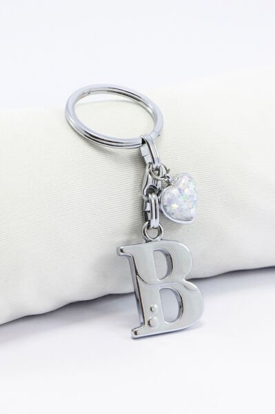 Gümüş Renkli Metal B Harfi Anahtarlık, Parlak Yıldızlı Metal Kalp