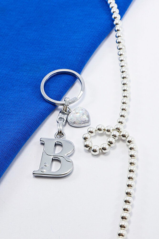 Gümüş Renkli Metal B Harfi Anahtarlık, Parlak Yıldızlı Metal Kalp