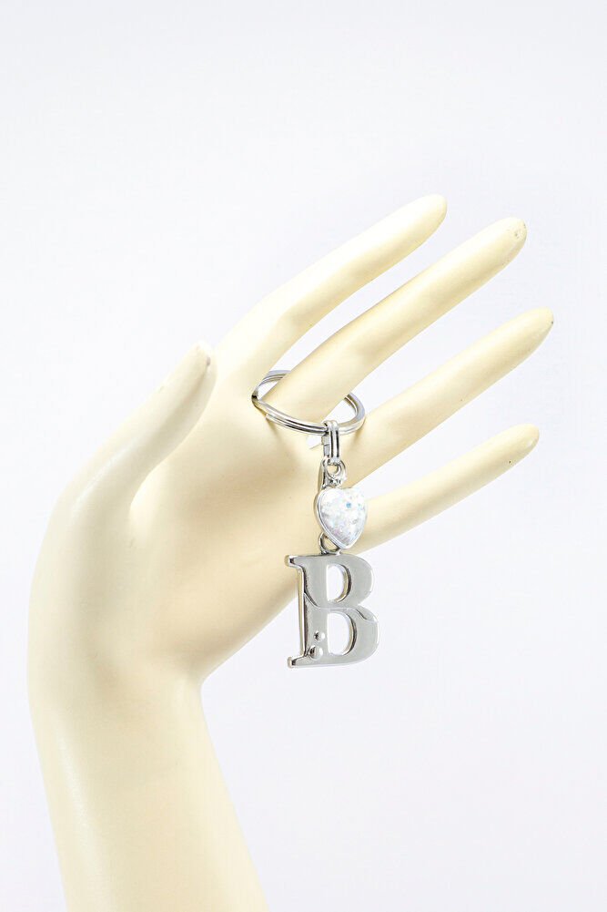 Gümüş Renkli Metal B Harfi Anahtarlık, Parlak Yıldızlı Metal Kalp