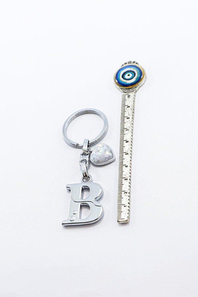 Gümüş Renkli Metal B Harfi Anahtarlık, Parlak Yıldızlı Metal Kalp