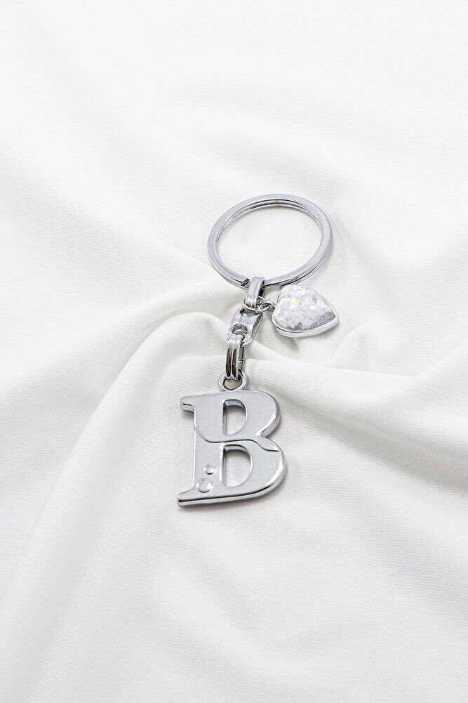 Gümüş Renkli Metal B Harfi Anahtarlık, Parlak Yıldızlı Metal Kalp