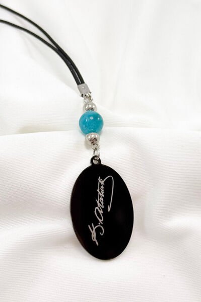 Turquoise Natural Stone Black Steel Everything Will Be Great Car Rearview Mirror Ornament with K. Ataturk Inscription