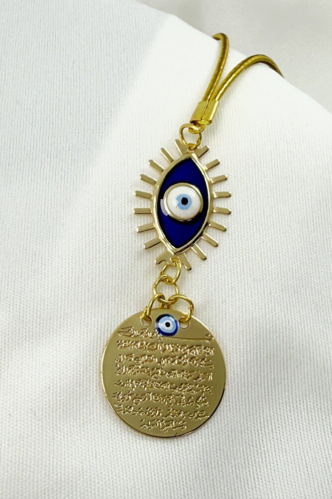 Altın Renkli Nazar Gözü Metal Ayetel Kürsi Araba Dikiz Ayna Süsü