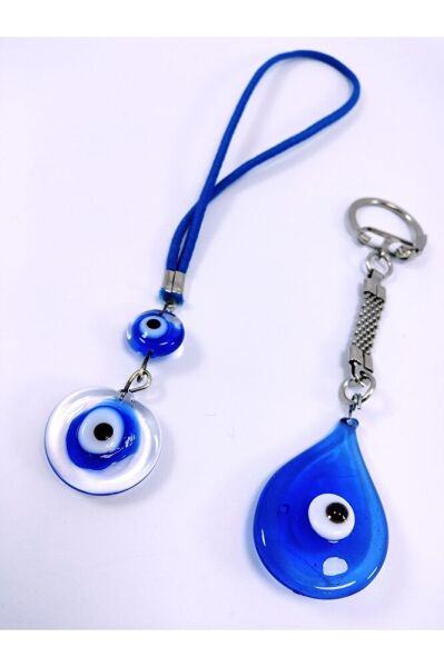 Damla Nazar Boncuğu Anahtarlık +iki Nazar Boncuklu Araba Dikiz Ayna Süsü El Yapımı Cam Hediyelik Set