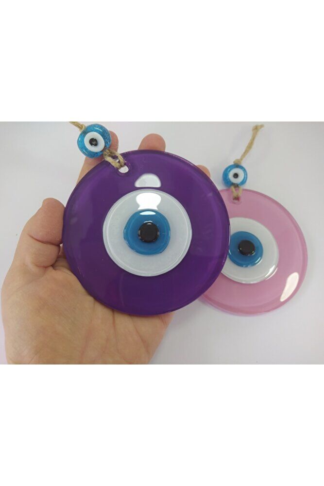 Ikili Set Opak Toz Pembe Ve Mor Nazar Boncuğu 10 Cm El Yapımı Cam Duvar Dekoru Hediyelik Eşya