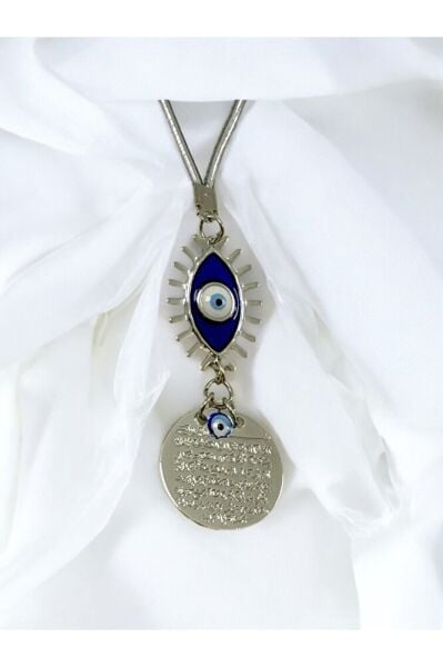 Dark Blue Eye Figured Metal Ayetel Kürsi Car Rearview Mirror Ornament, Silver Color