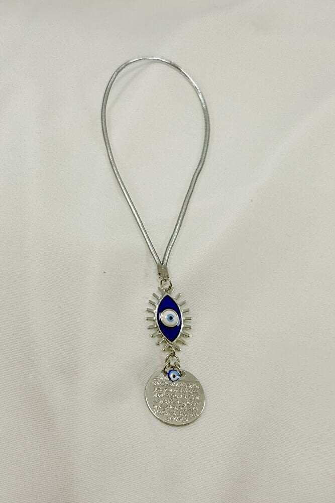 Lacivert Göz Figürlü Metal Ayetel Kürsi Araba Dikiz Ayna Süsü, Gümüş Renkli