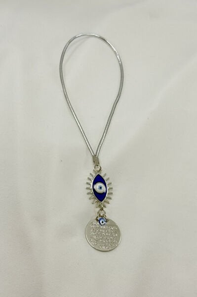 Dark Blue Eye Figured Metal Ayetel Kürsi Car Rearview Mirror Ornament, Silver Color