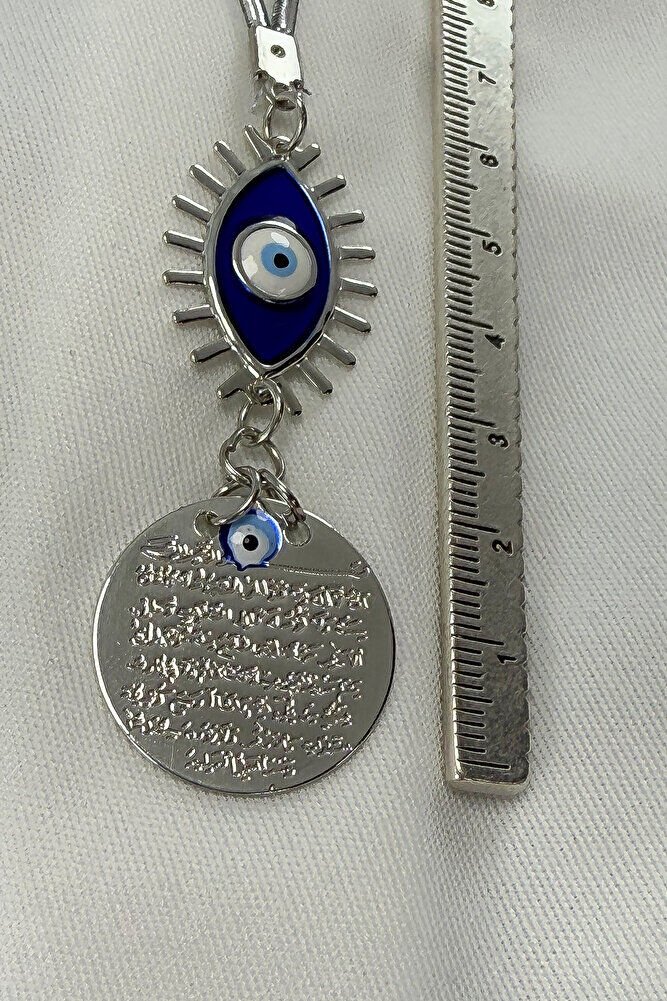 Lacivert Göz Figürlü Metal Ayetel Kürsi Araba Dikiz Ayna Süsü, Gümüş Renkli