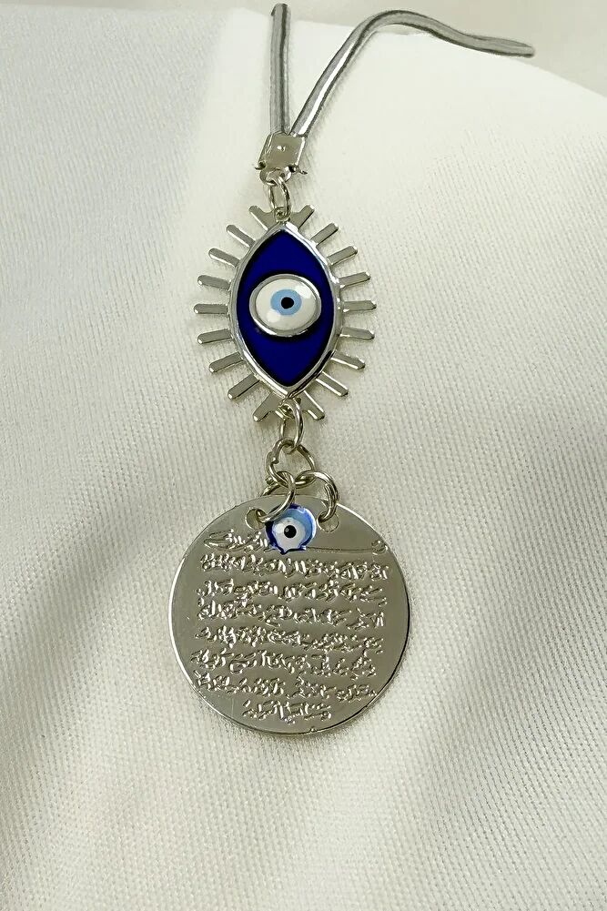 Lacivert Göz Figürlü Metal Ayetel Kürsi Araba Dikiz Ayna Süsü, Gümüş Renkli