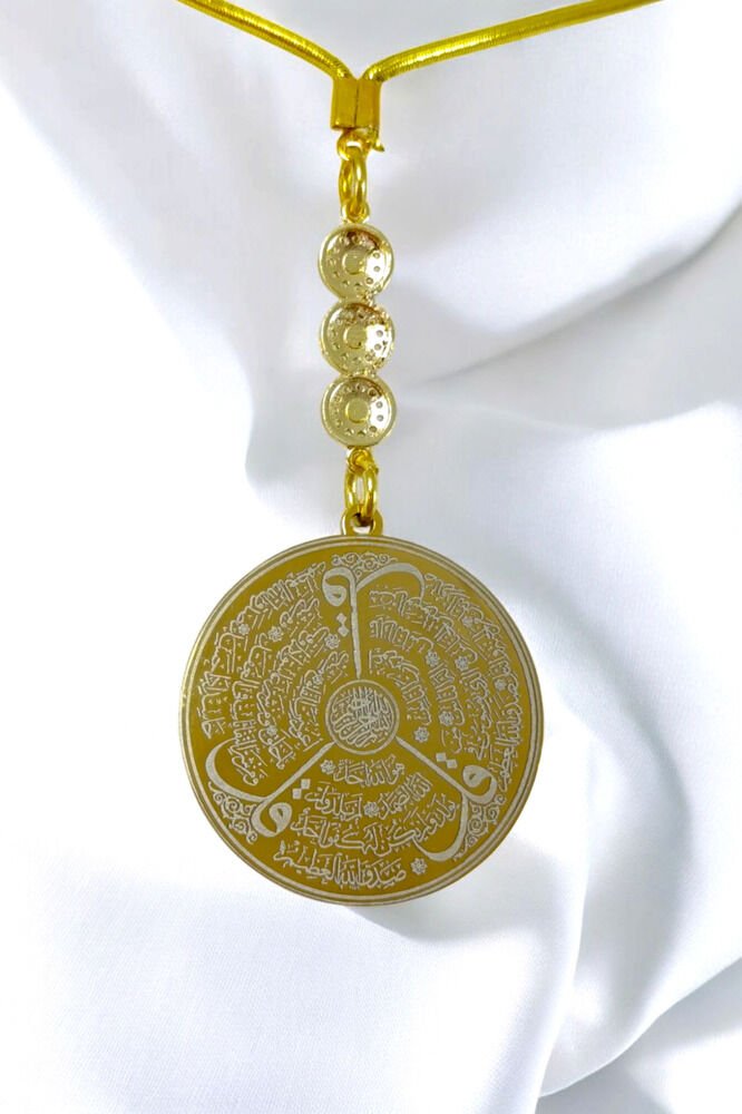 Triple Zircon Stone Gold Color Steel Double Sided Ayetel Kursi/Falak Nas Ihlas Car Rearview Mirror Ornament