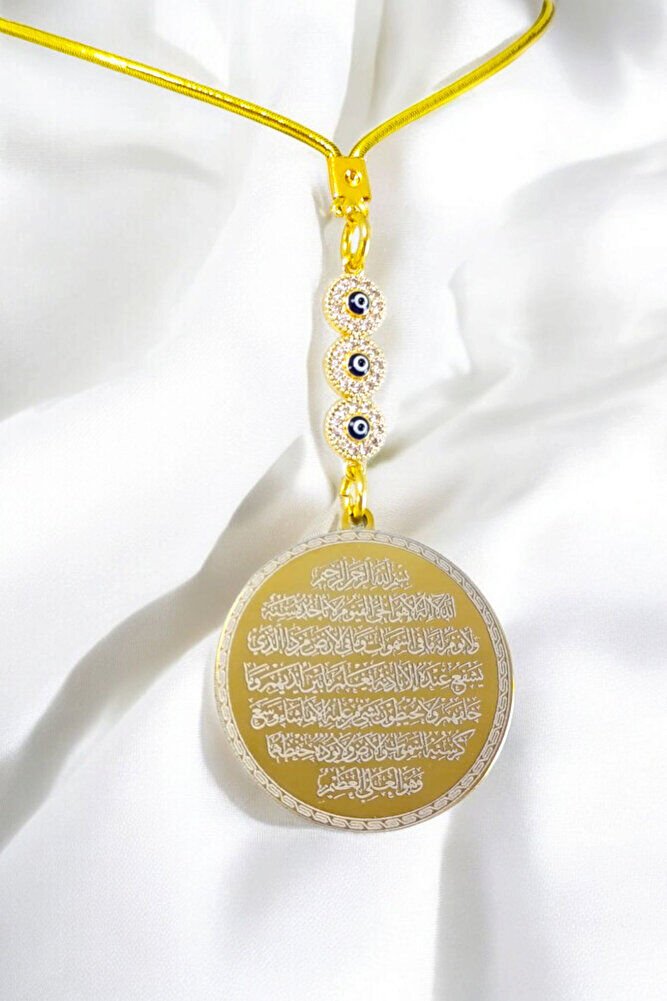 Triple Zircon Stone Gold Color Steel Double Sided Ayetel Kursi/Falak Nas Ihlas Car Rearview Mirror Ornament