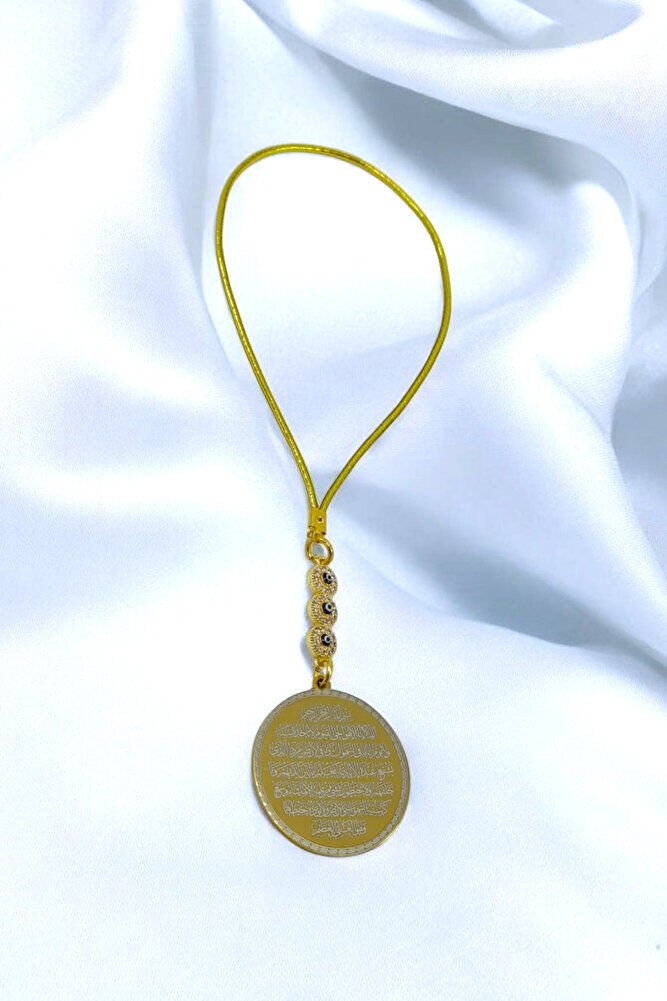 Triple Zircon Stone Gold Color Steel Double Sided Ayetel Kursi/Falak Nas Ihlas Car Rearview Mirror Ornament