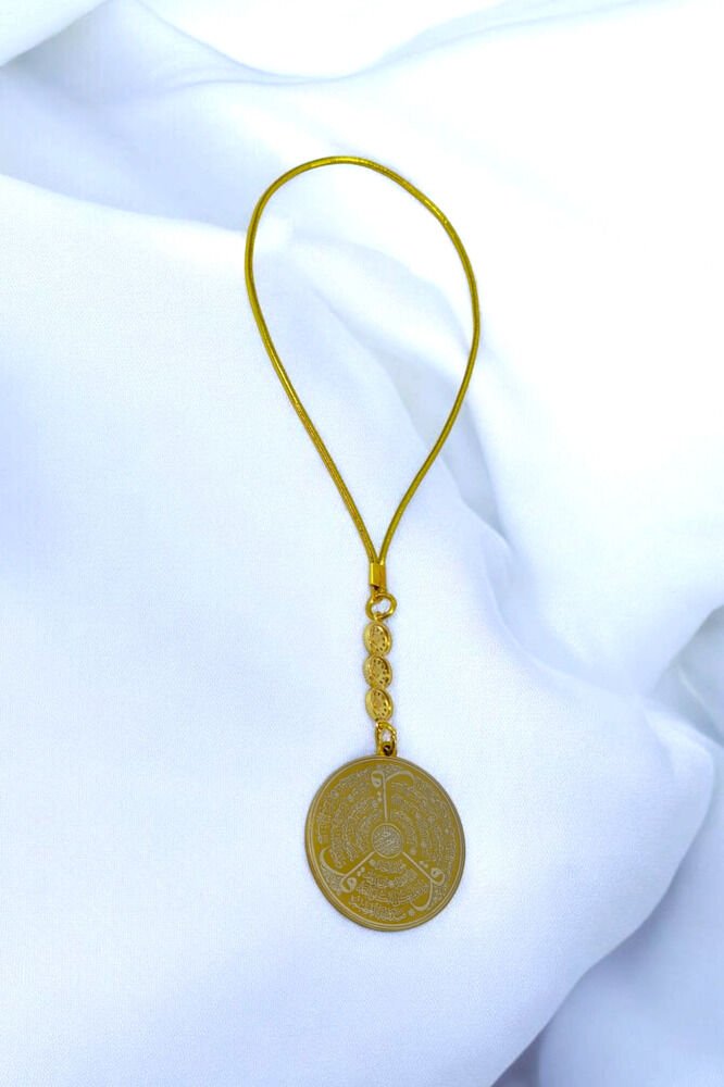 Triple Zircon Stone Gold Color Steel Double Sided Ayetel Kursi/Falak Nas Ihlas Car Rearview Mirror Ornament