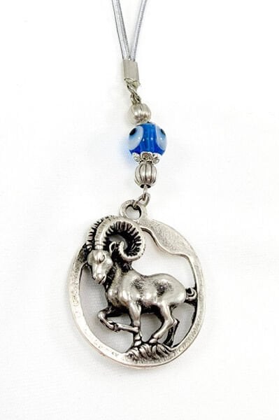 Silver Color Handmade Glass Evil Eye Bead Aries Car Rearview Mirror Ornament, Aries Car Gift