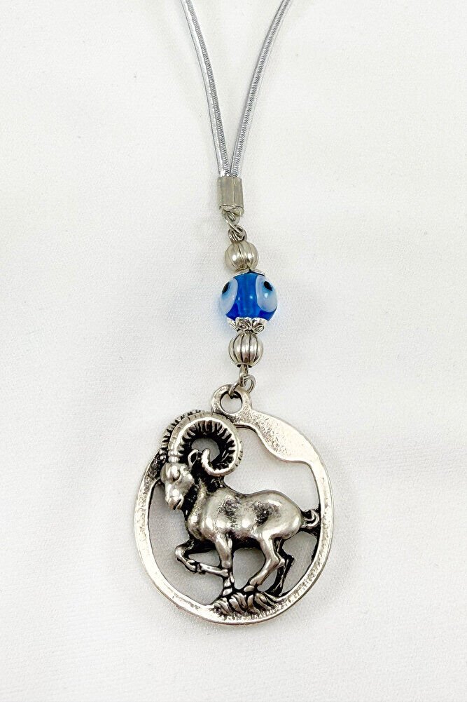 Silver Color Handmade Glass Evil Eye Bead Aries Car Rearview Mirror Ornament, Aries Car Gift