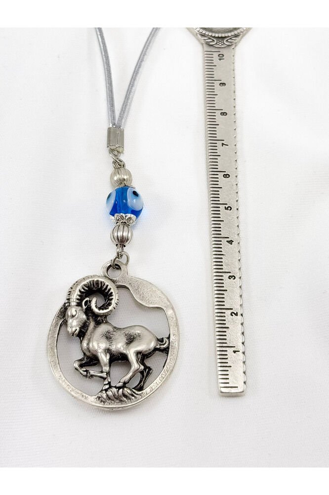 Silver Color Handmade Glass Evil Eye Bead Aries Car Rearview Mirror Ornament, Aries Car Gift